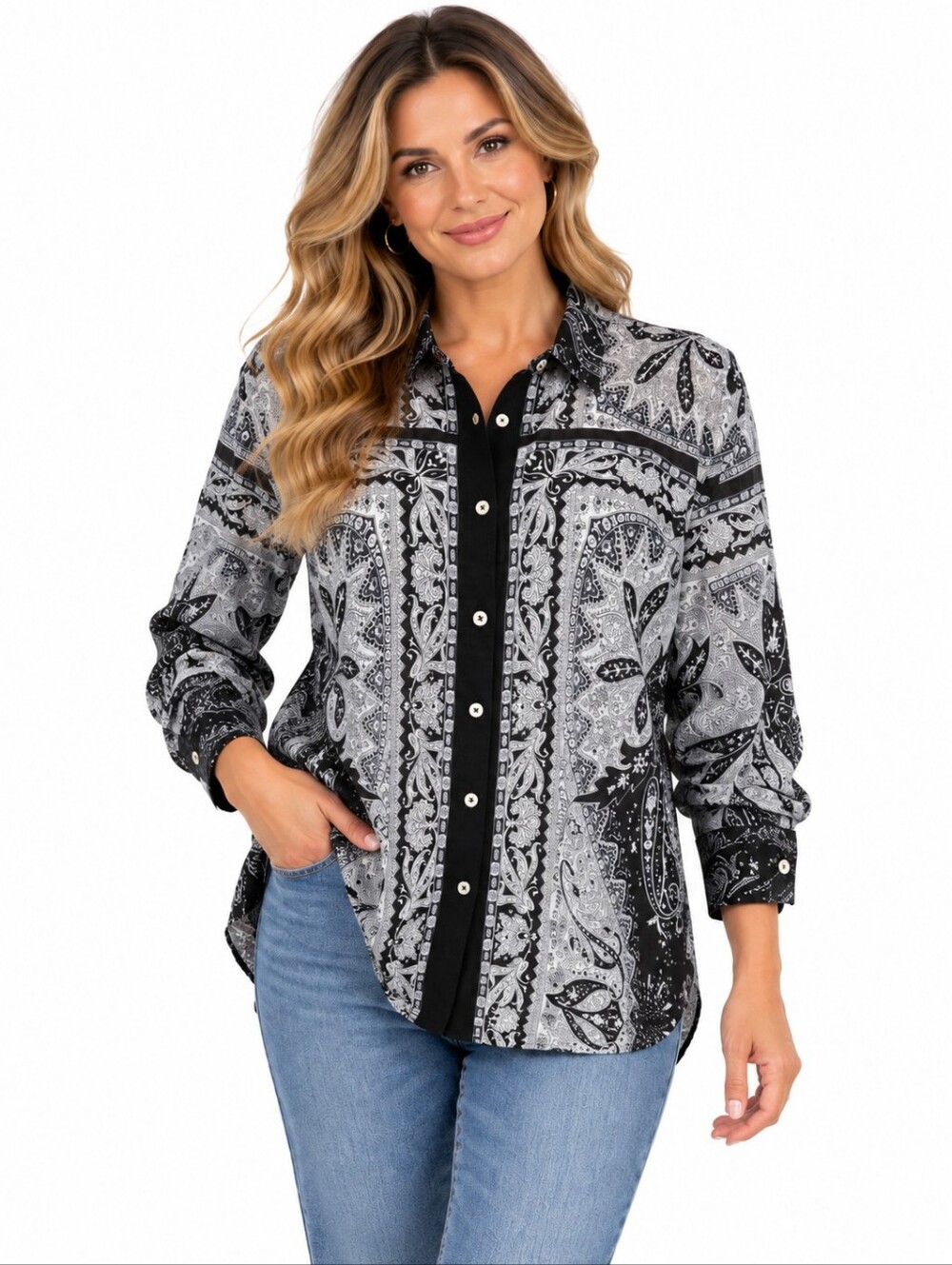 Talbots Petite XL Black White Paisley Button Down Shirt 100% Cotton